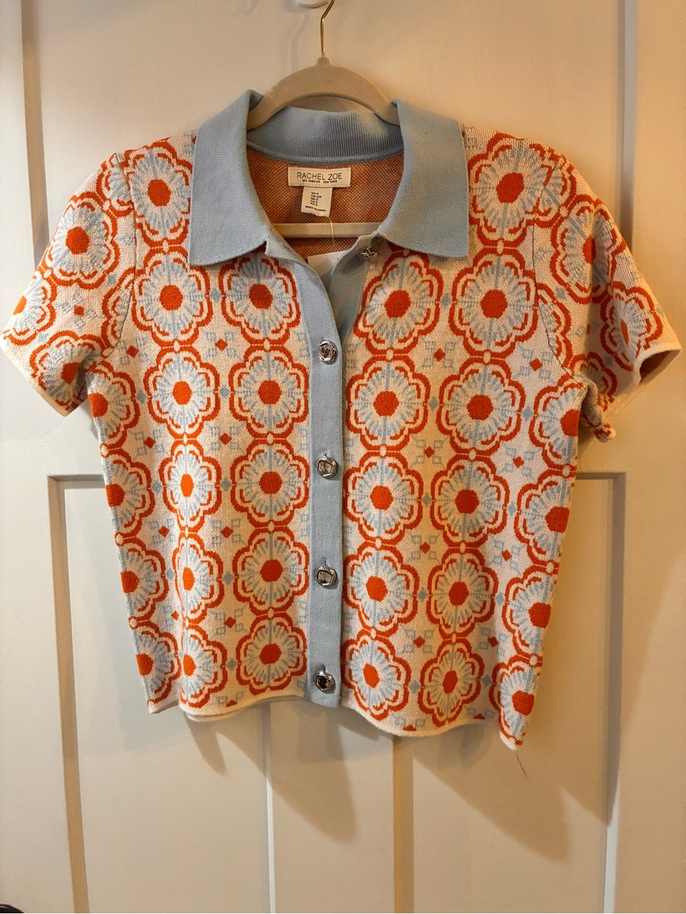 Rachel Zoe Short-Sleeve Knit Polo in Light Blue and Orange Floral